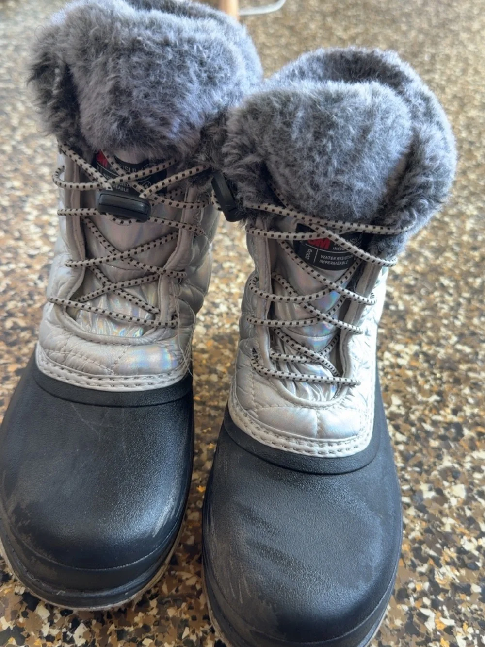 Iridescent Quilted Winter Boots with Gray Faux Fur